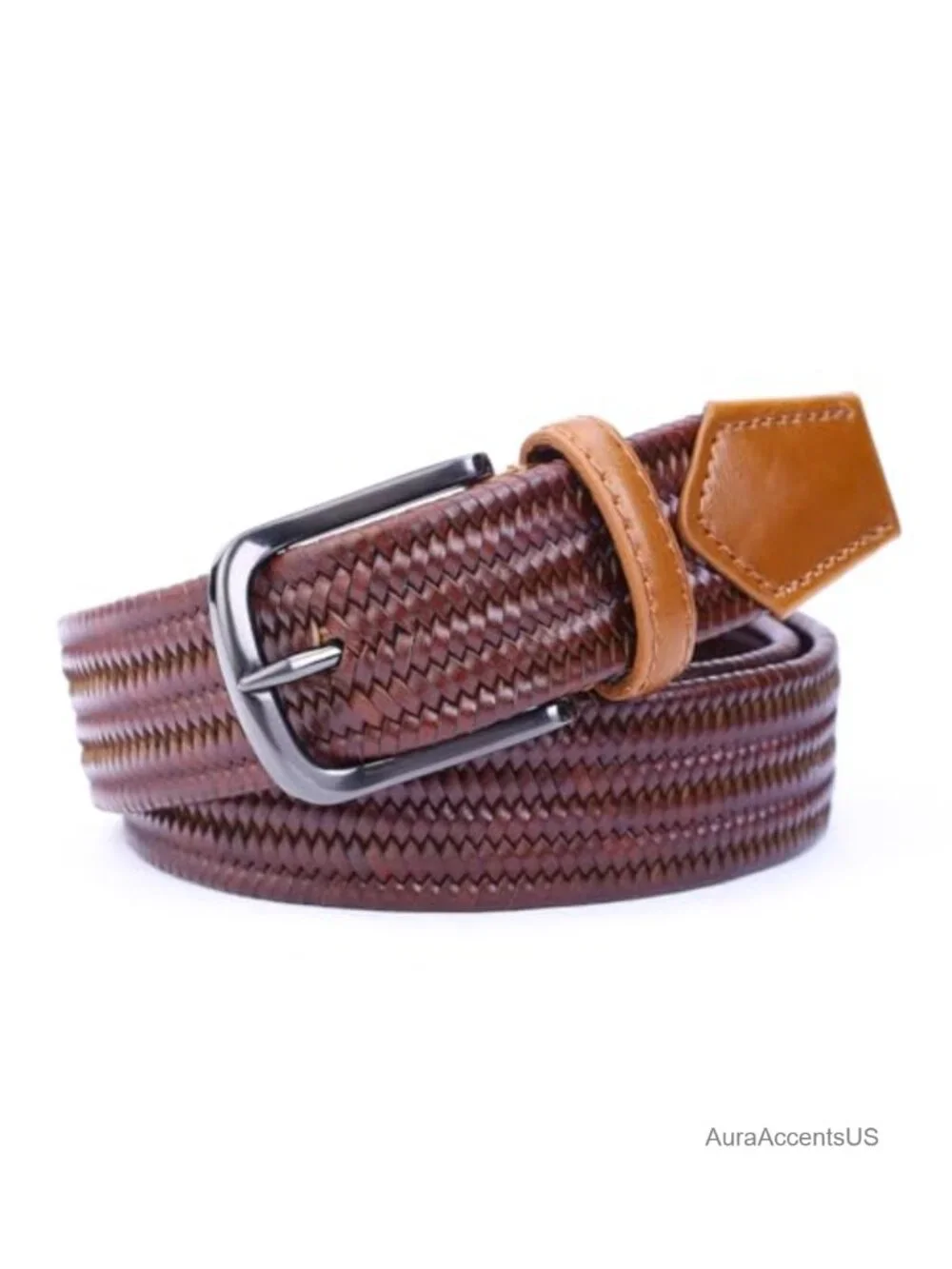 Men's Woven Belt Braided Leather Dress Belt Pin Buckle Casual Business